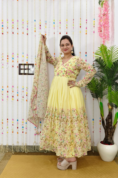 Angrakha Style Flared Printed Georgette Kurta Set in Lemon