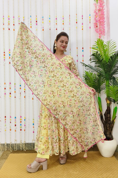 Angrakha Style Flared Printed Georgette Kurta Set in Lemon