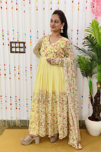 Angrakha Style Flared Printed Georgette Kurta Set in Lemon