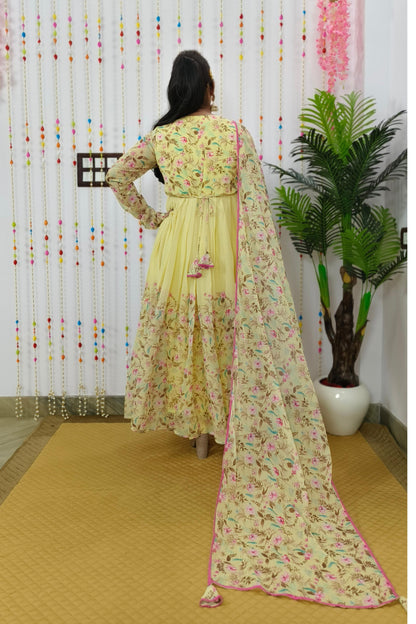 Angrakha Style Flared Printed Georgette Kurta Set in Lemon