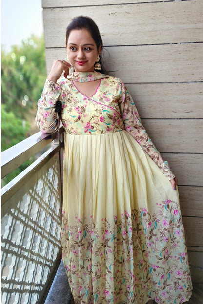 Angrakha Style Flared Printed Georgette Kurta Set in Lemon