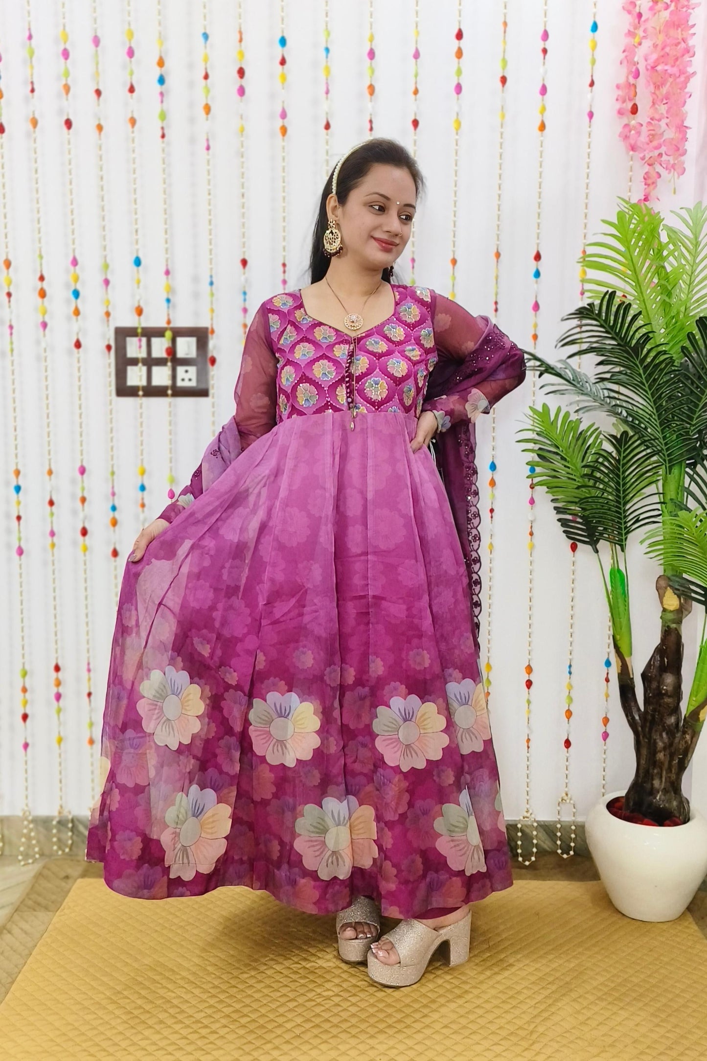 Organza Floral Printed Hand Work Anarkali Suit In wine