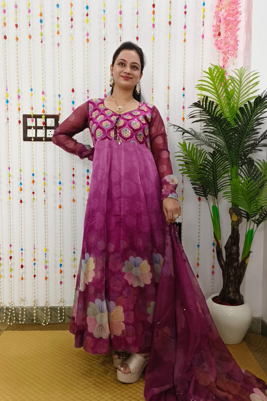 Organza Floral Printed Hand Work Anarkali Suit In wine