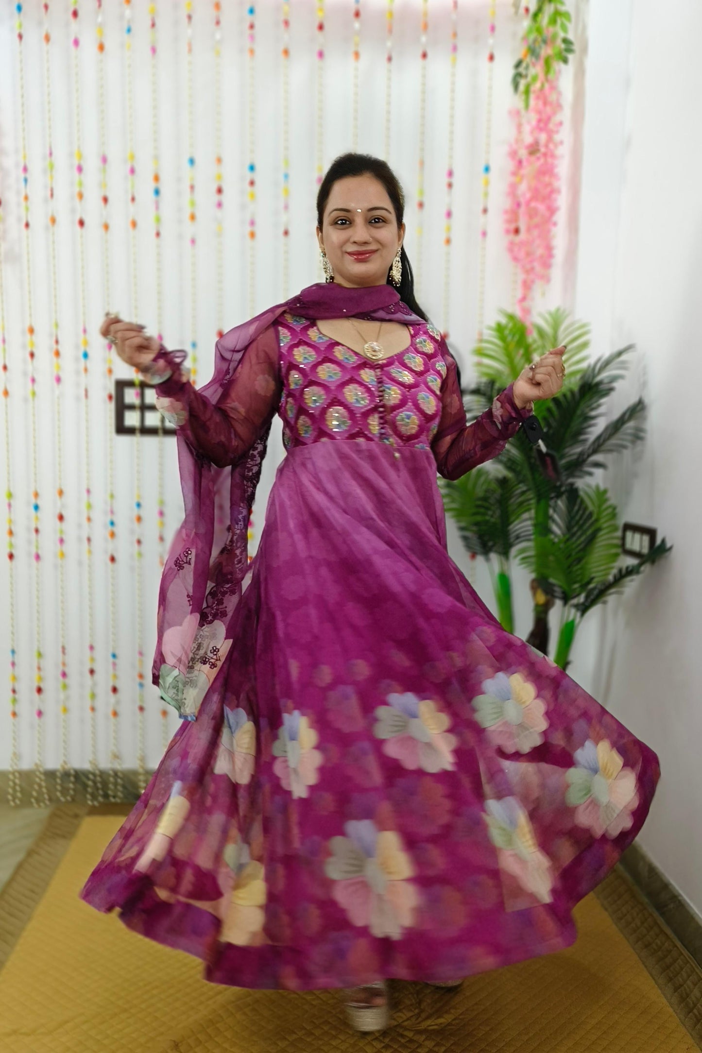 Organza Floral Printed Hand Work Anarkali Suit In wine