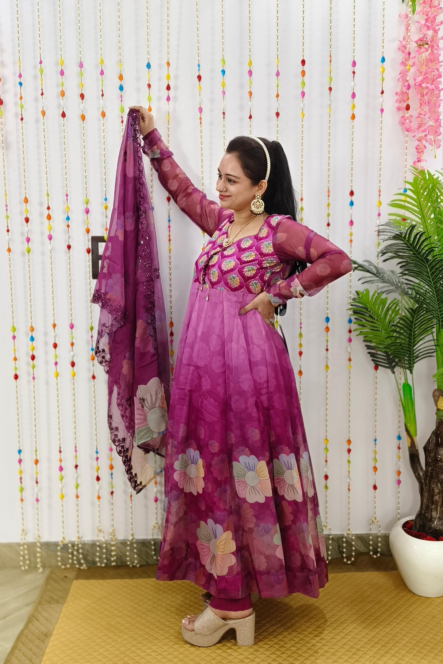 Organza Floral Printed Hand Work Anarkali Suit In wine