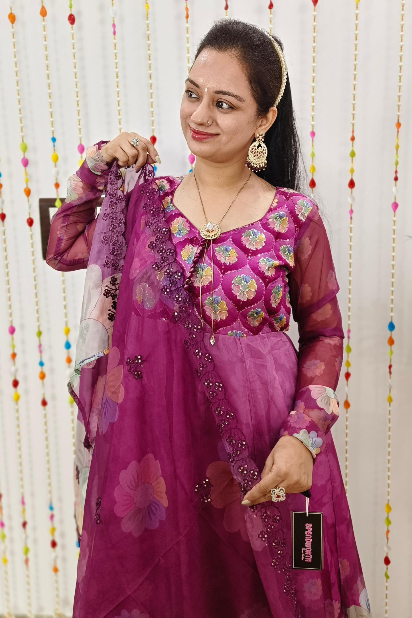 Organza Floral Printed Hand Work Anarkali Suit In wine