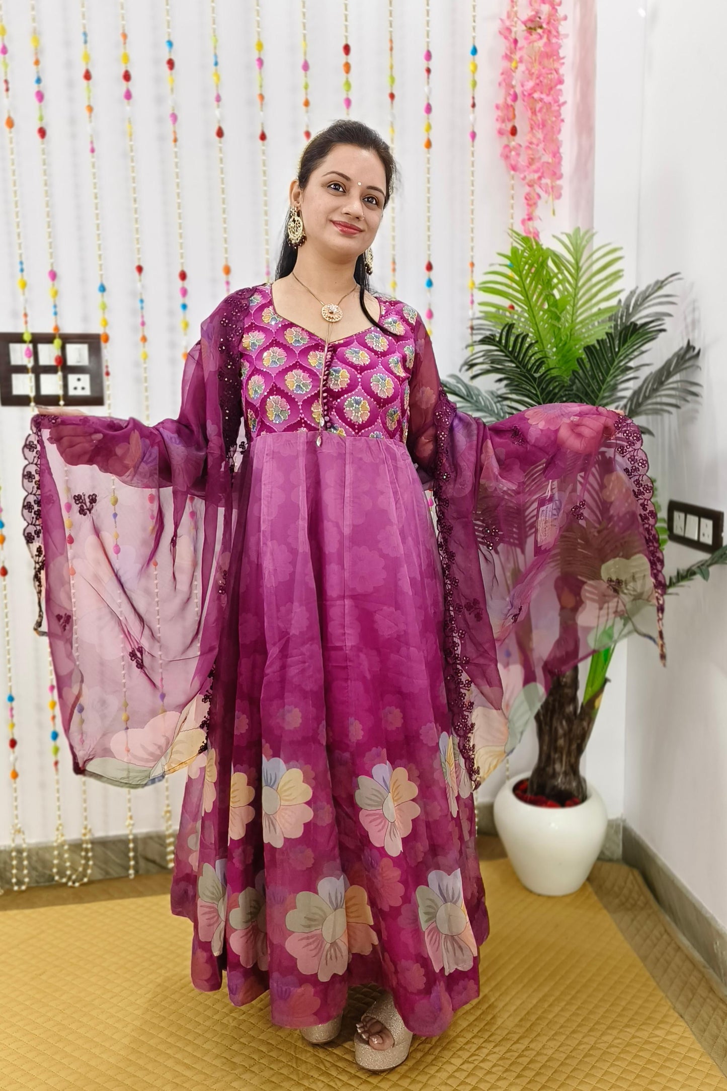 Organza Floral Printed Hand Work Anarkali Suit In wine