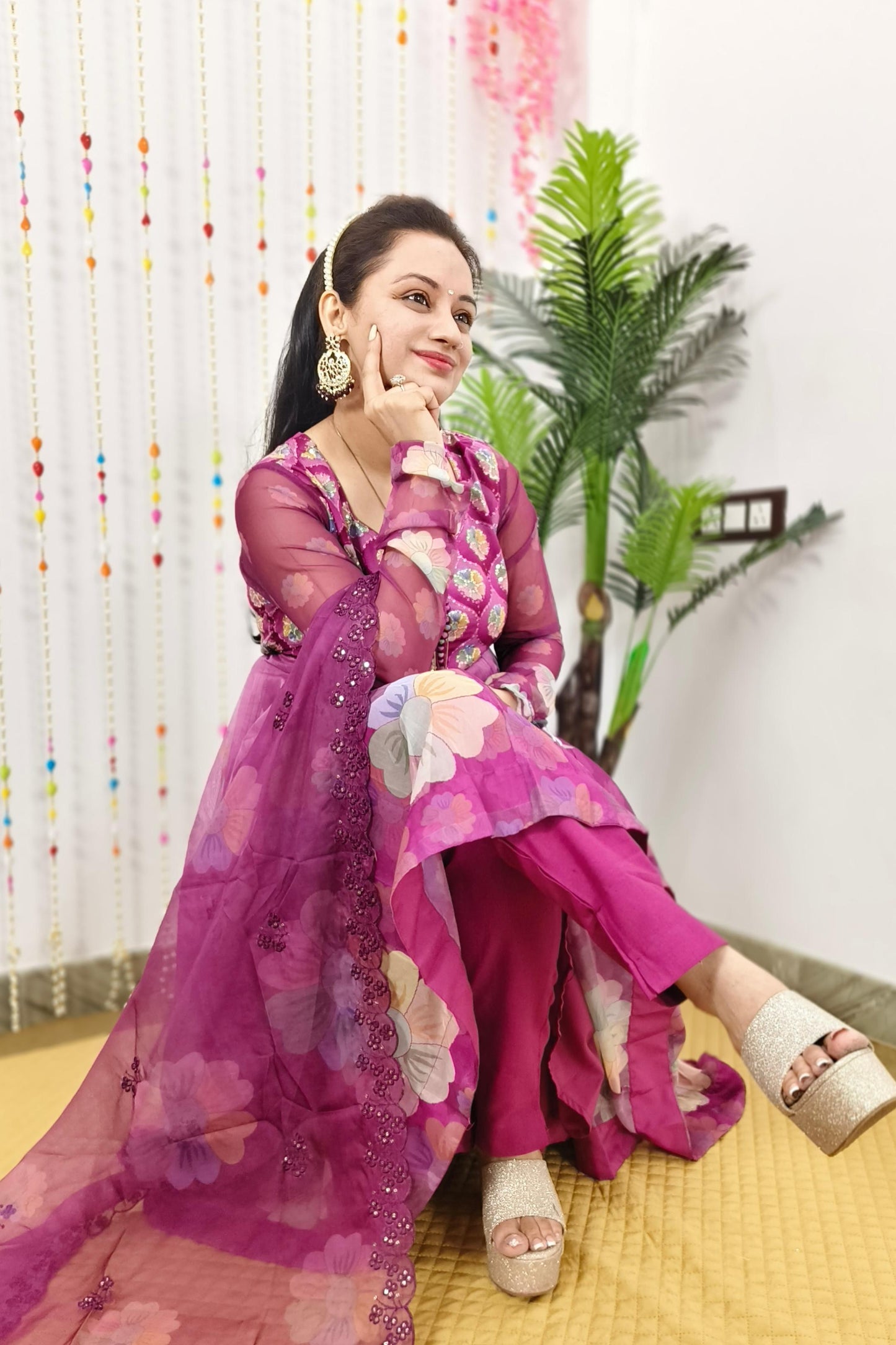 Organza Floral Printed Hand Work Anarkali Suit In wine