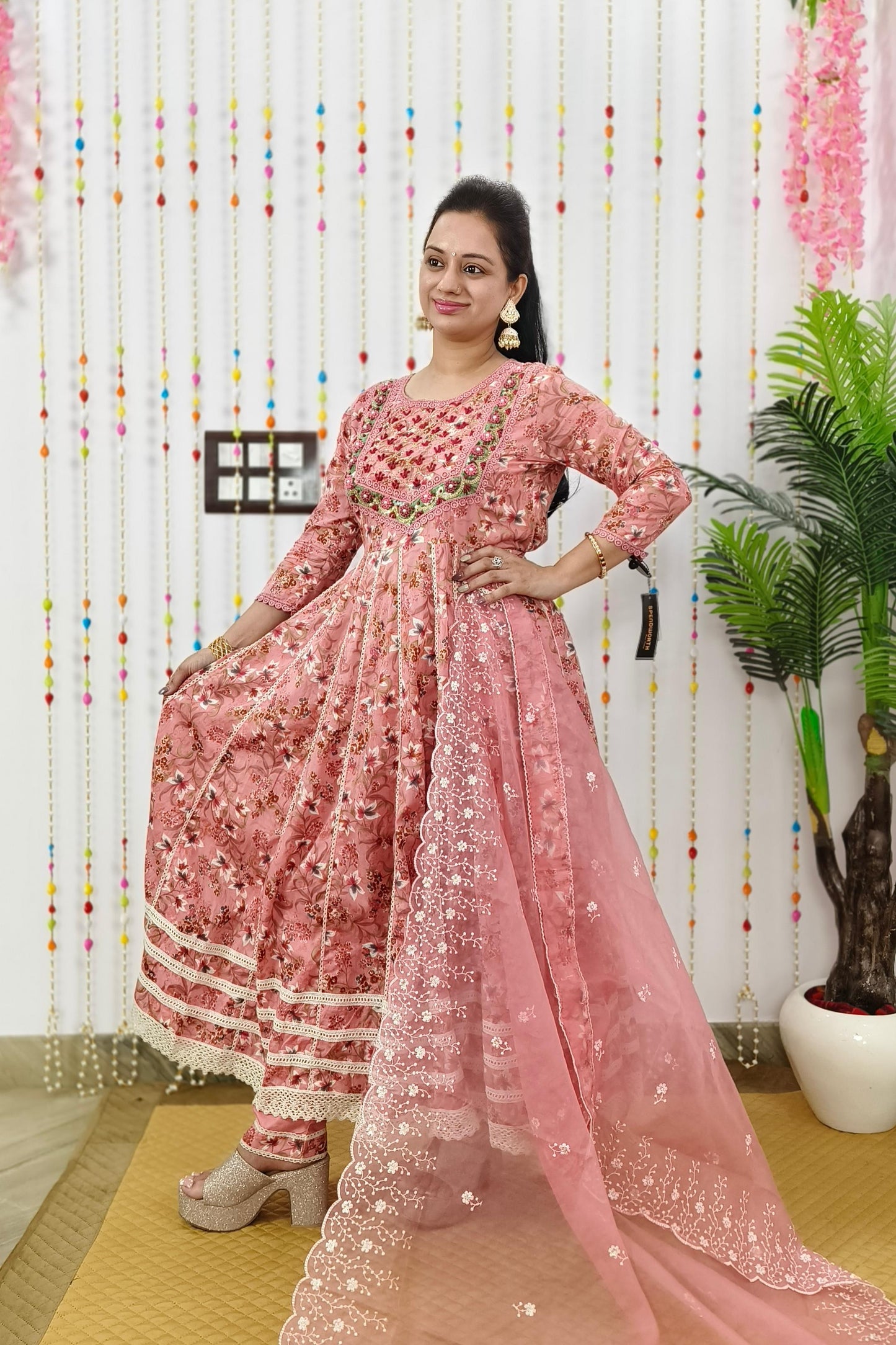 Full Flared Pure MulMul  Anarkali Embroidered Suit Set In Mauve