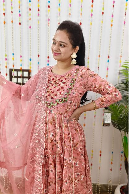 Full Flared Pure MulMul  Anarkali Embroidered Suit Set In Mauve