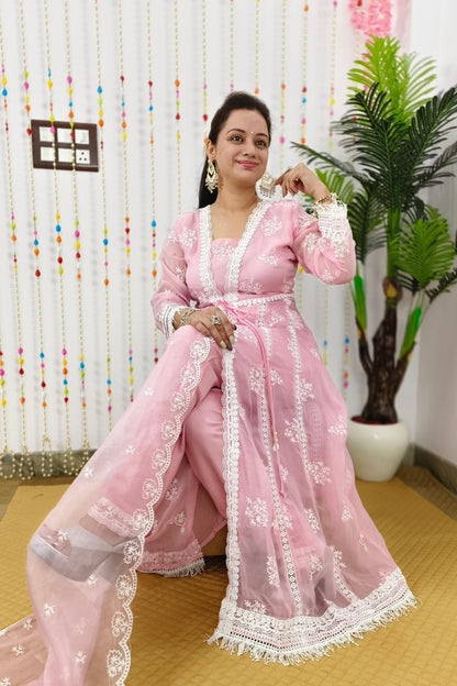 Front Slit Designer Organza Anarkali Suit Set  WIth Crochet Lace Detailing in Pink