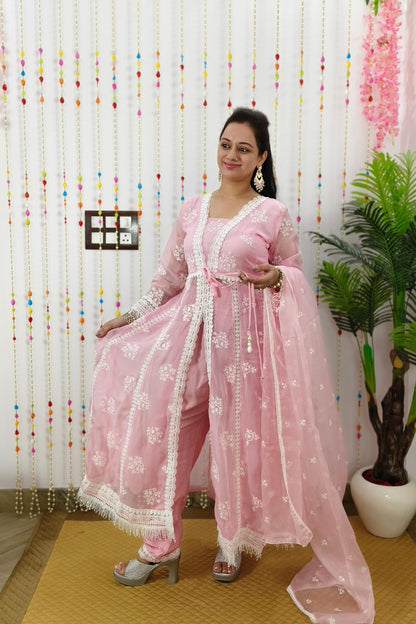 Front Slit Designer Organza Anarkali Suit Set  WIth Crochet Lace Detailing in Pink