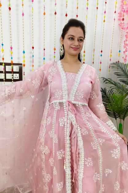 Front Slit Designer Organza Anarkali Suit Set  WIth Crochet Lace Detailing in Pink