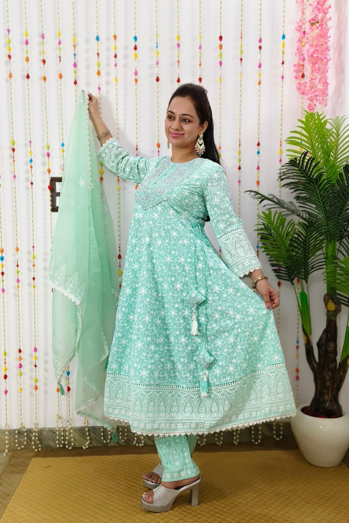 Thread Chikan Work Anarkali Suit Set In Cotton With Organza Embroidered Duppatta in Sky Blue