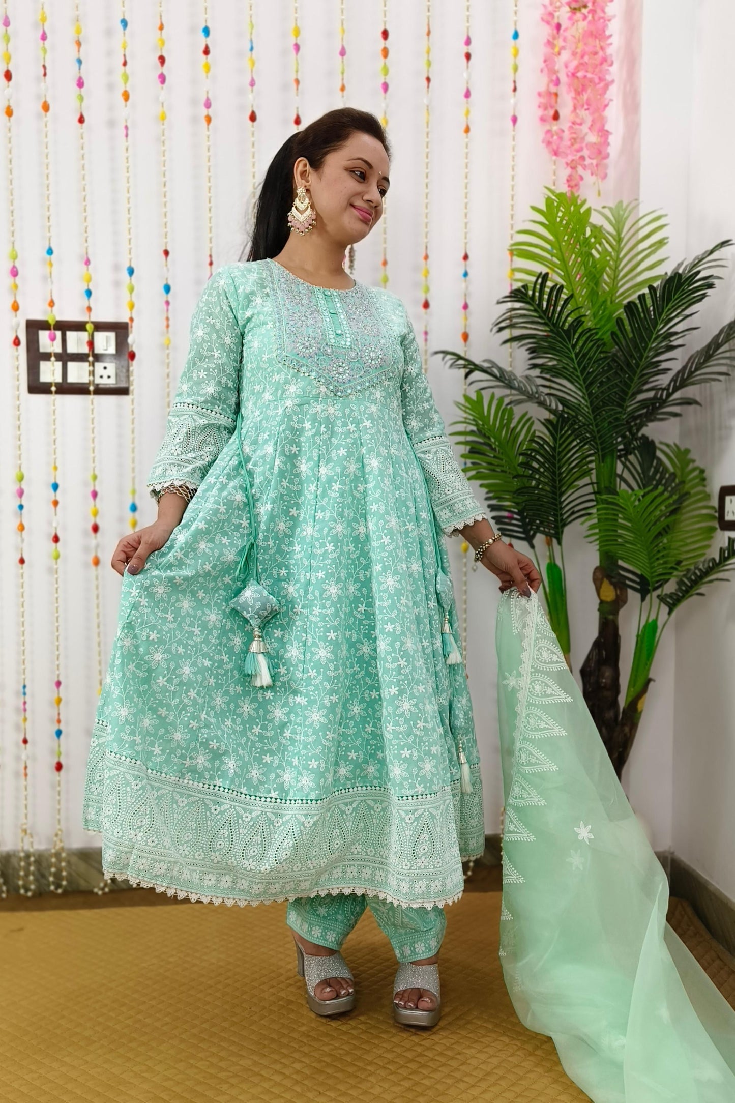 Thread Chikan Work Anarkali Suit Set In Cotton With Organza Embroidered Duppatta in Sky Blue