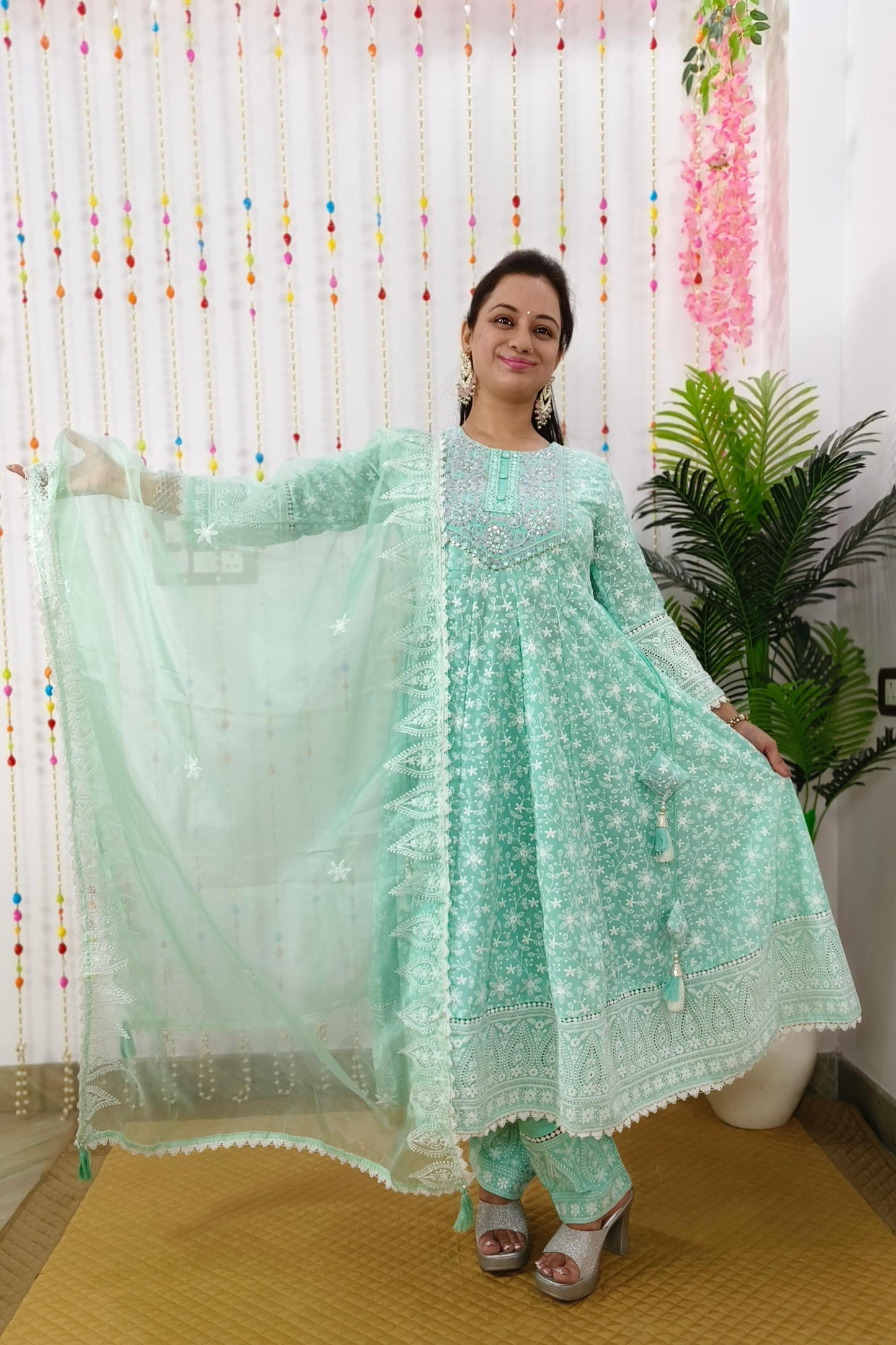 Thread Chikan Work Anarkali Suit Set In Cotton With Organza Embroidered Duppatta in Sky Blue