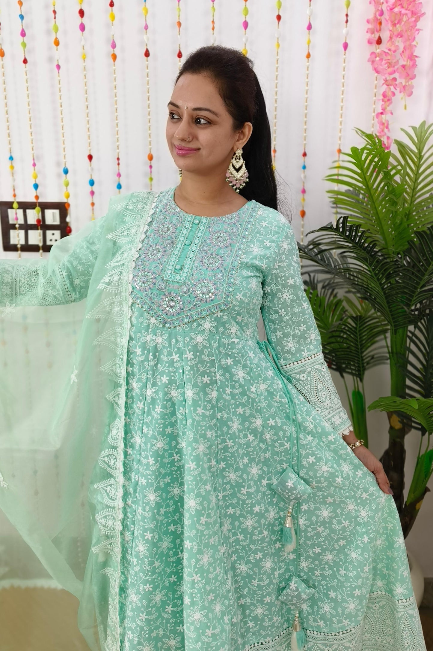 Thread Chikan Work Anarkali Suit Set In Cotton With Organza Embroidered Duppatta in Sky Blue