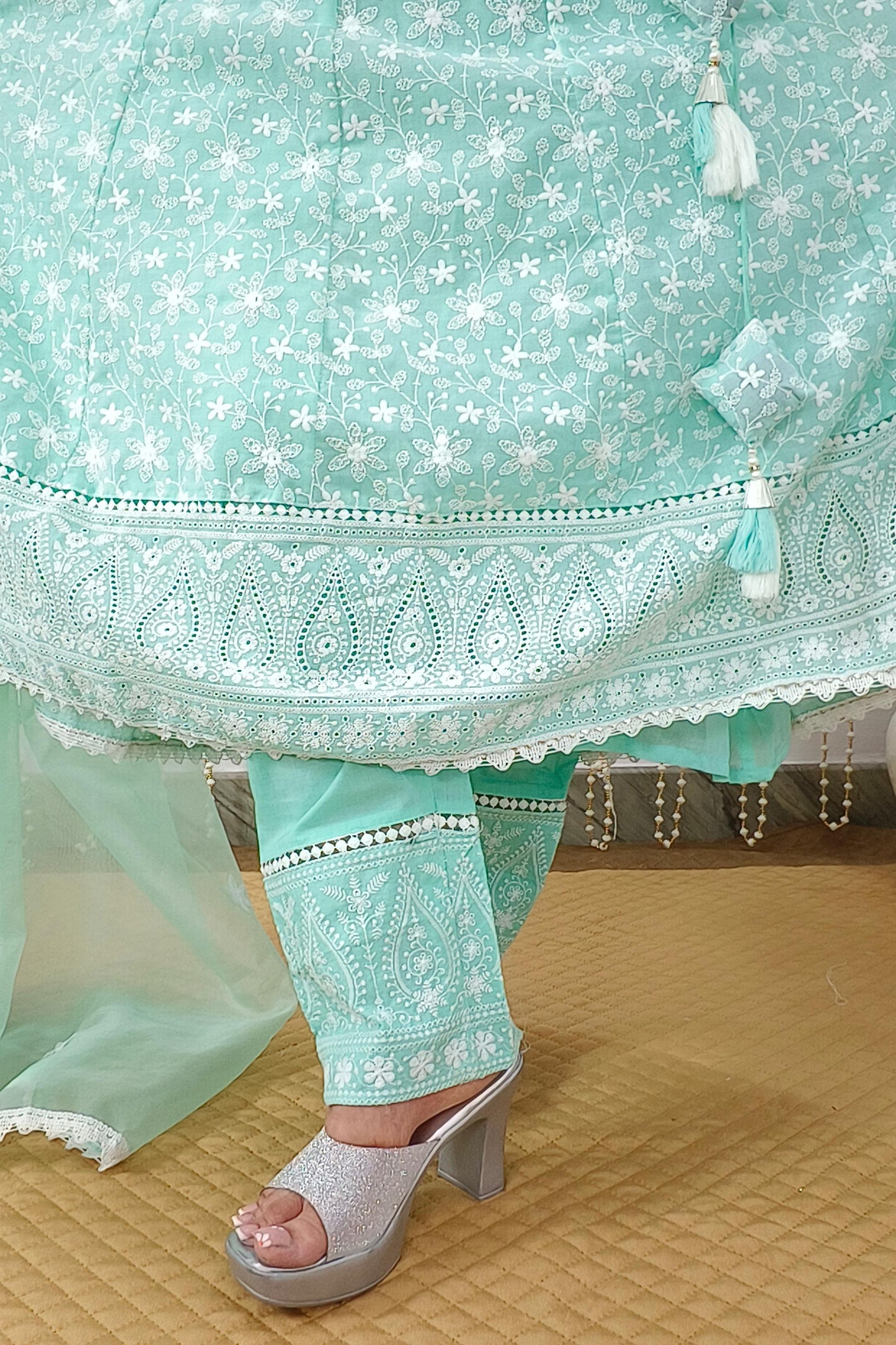 Thread Chikan Work Anarkali Suit Set In Cotton With Organza Embroidered Duppatta in Sky Blue