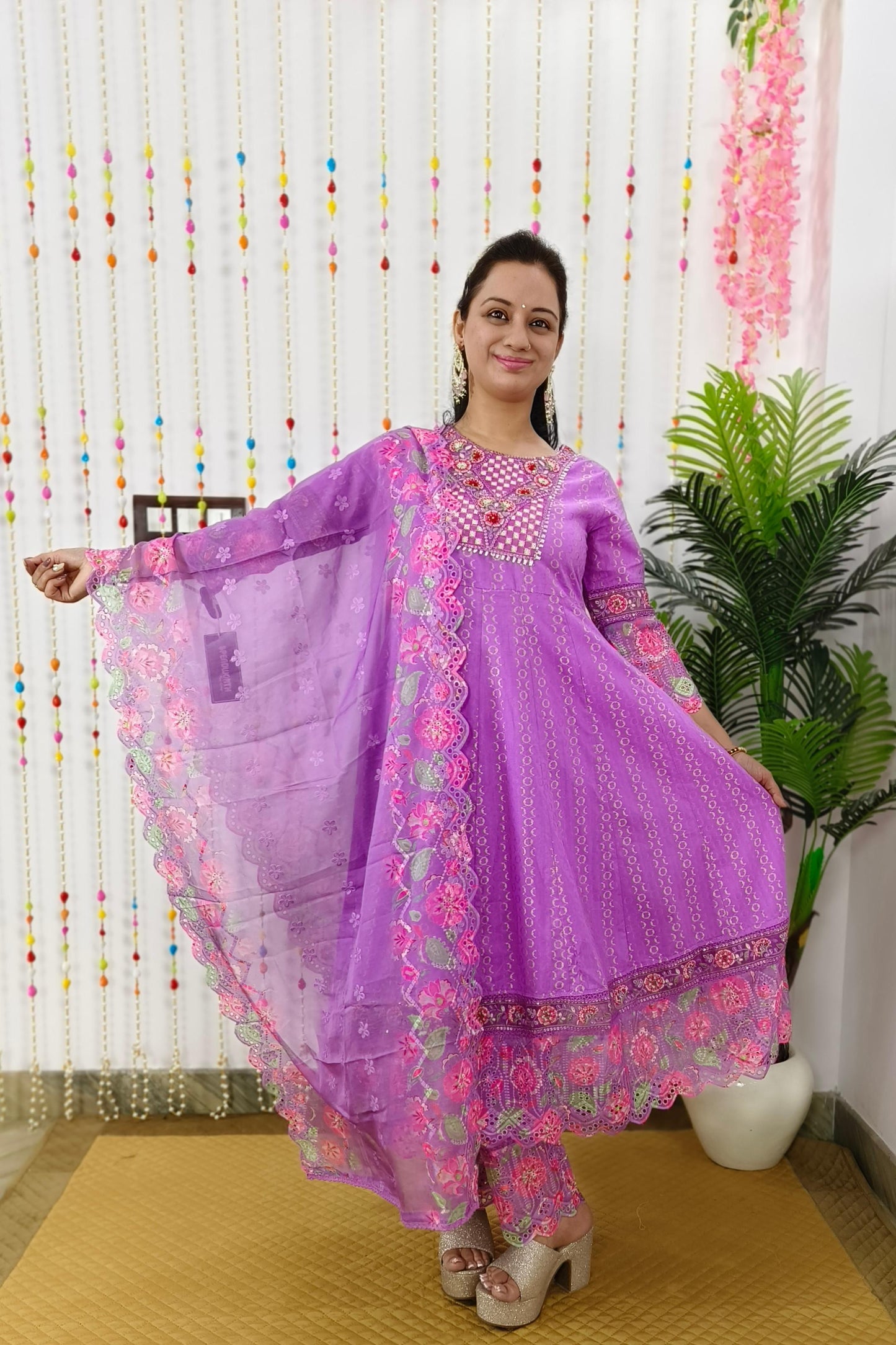 Wow Anarkali Embroidered Suit Set In Cotton Dobby With Beautiful Organza Embroidered Duppatta In Purple