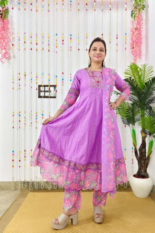 Wow Anarkali Embroidered Suit Set In Cotton Dobby With Beautiful Organza Embroidered Duppatta In Purple