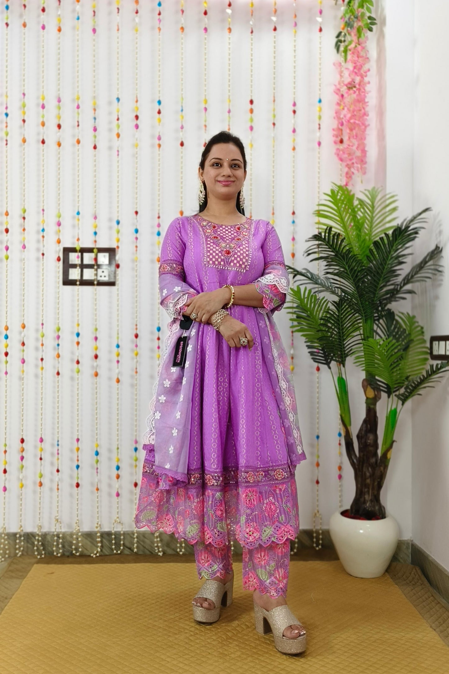 Wow Anarkali Embroidered Suit Set In Cotton Dobby With Beautiful Organza Embroidered Duppatta In Purple