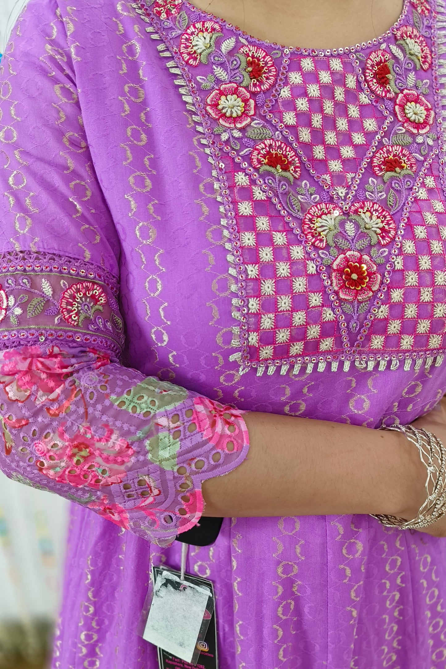 Wow Anarkali Embroidered Suit Set In Cotton Dobby With Beautiful Organza Embroidered Duppatta In Purple