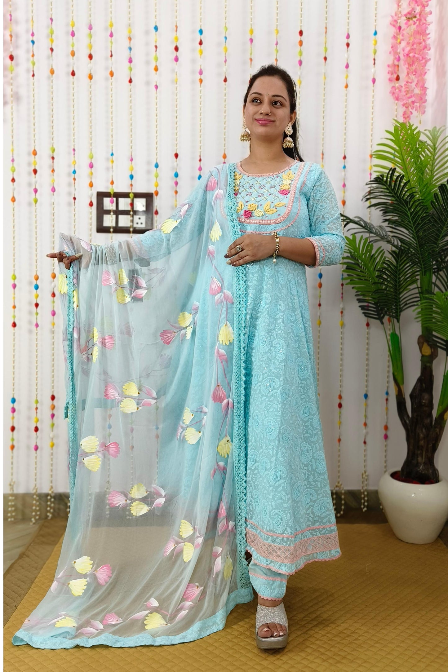 Full Flared Thread Work Anarkali Georgette Suit Set In Sky Blue With Printed Chiffon