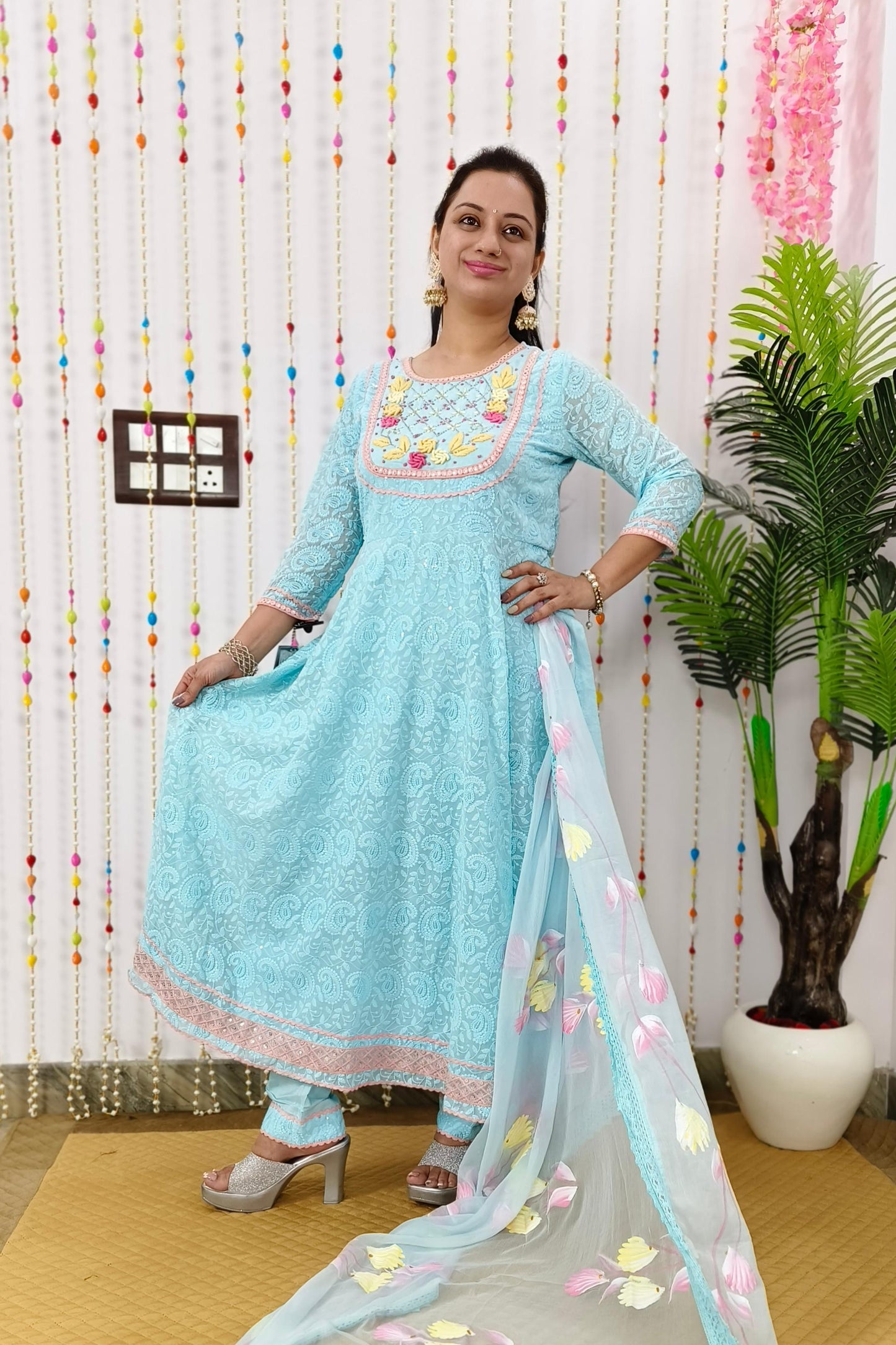 Full Flared Thread Work Anarkali Georgette Suit Set In Sky Blue With Printed Chiffon