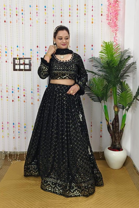 Chikan Thread Embroidered Sequence Work lehenga Choli In Black