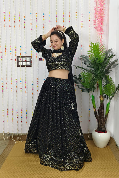 Chikan Thread Embroidered Sequence Work lehenga Choli In Black