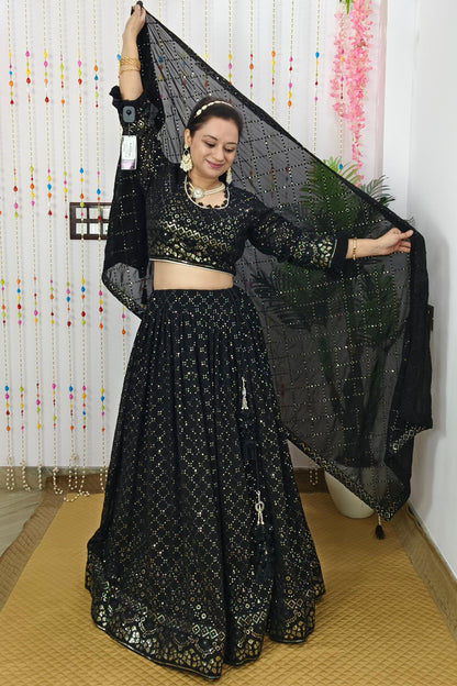 Chikan Thread Embroidered Sequence Work lehenga Choli In Black