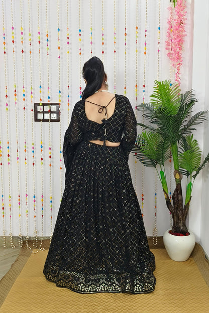 Chikan Thread Embroidered Sequence Work lehenga Choli In Black