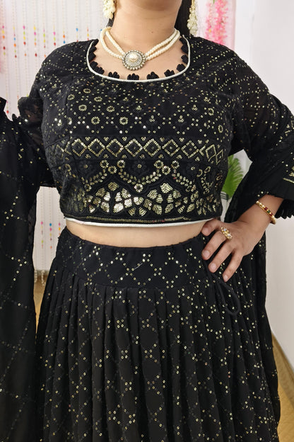 Chikan Thread Embroidered Sequence Work lehenga Choli In Black