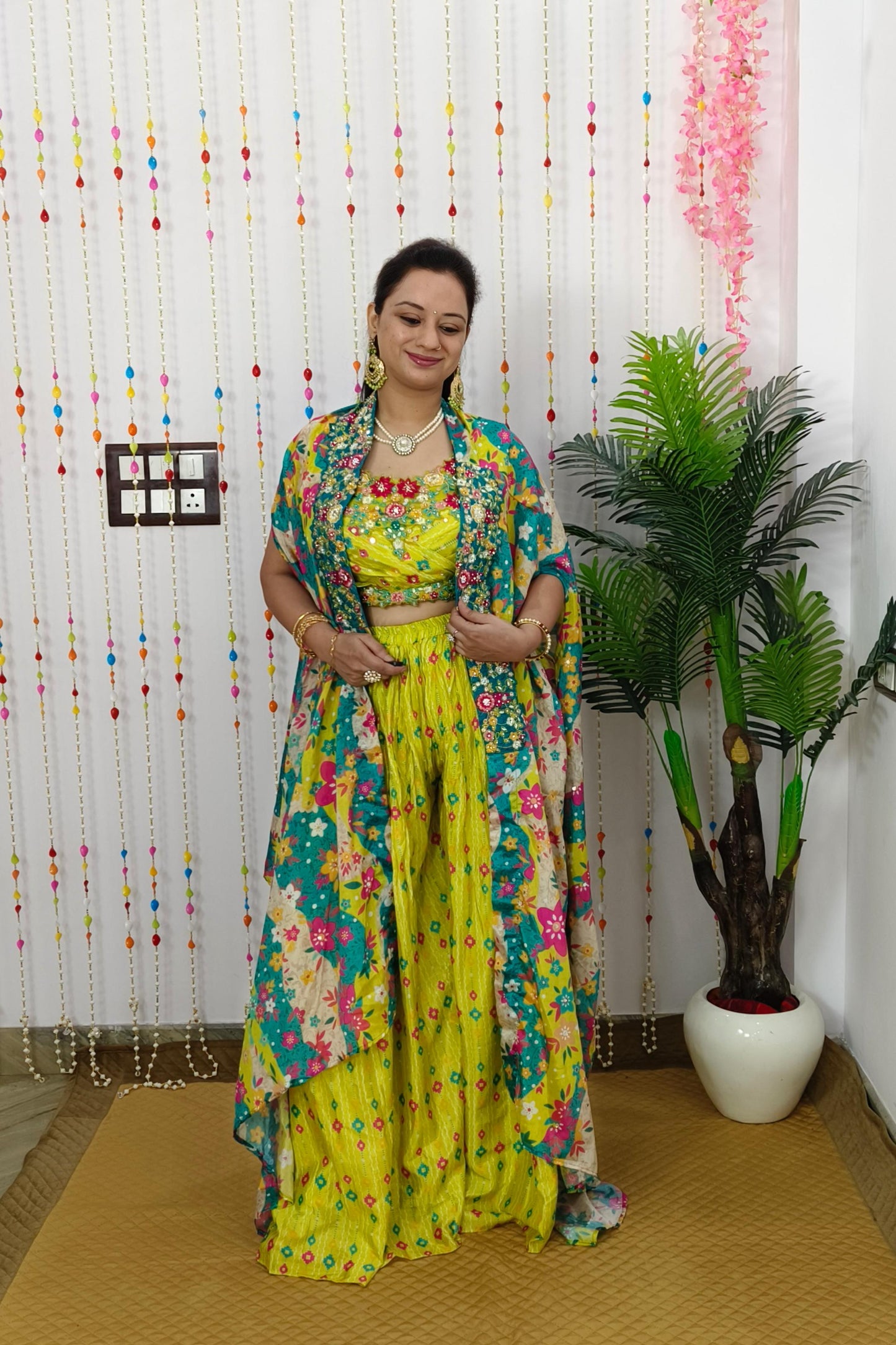 Crop Top Sharara With Shrug Printed Dress For Haldi Ceremony In Neon Yellow