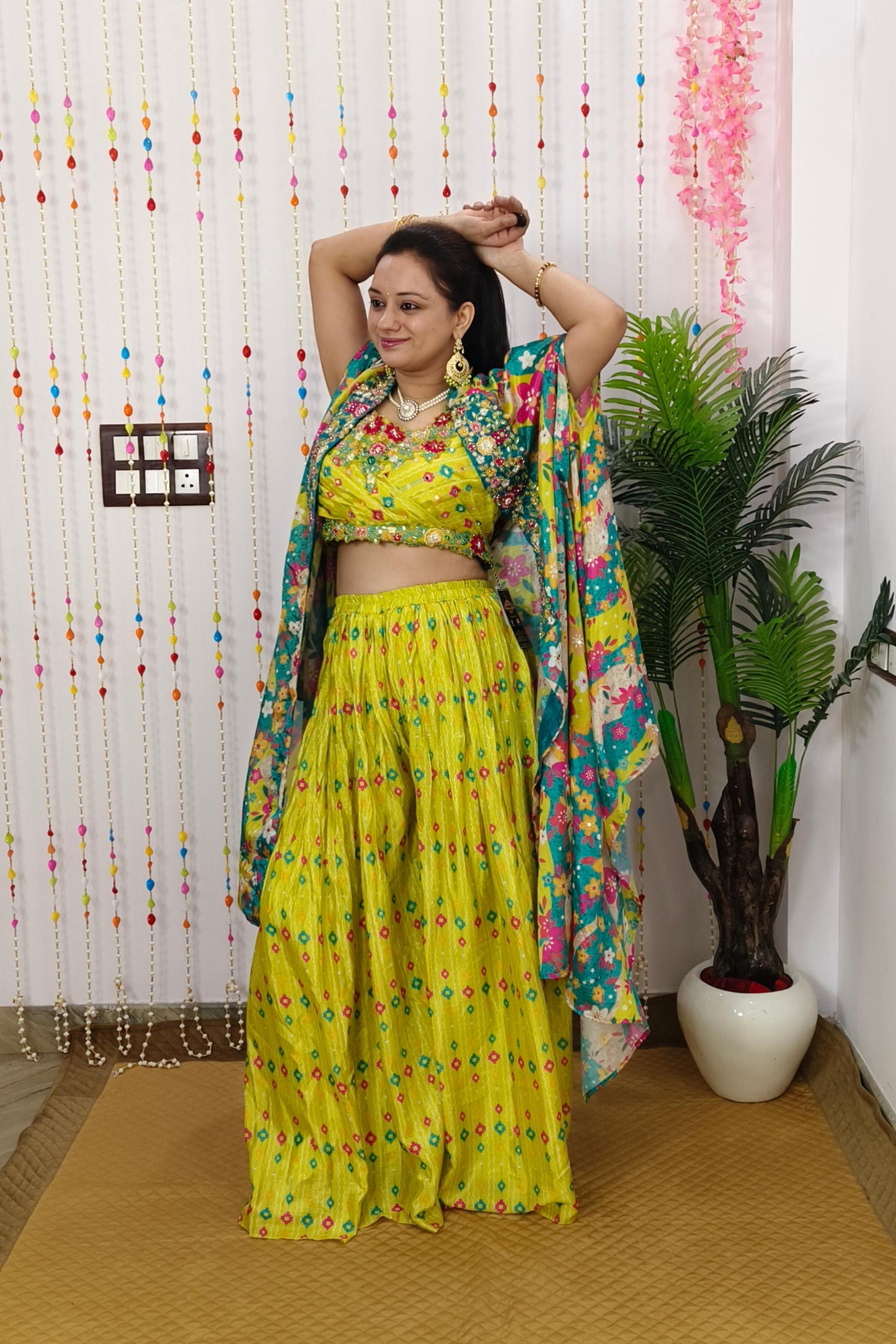 Crop Top Sharara With Shrug Printed Dress For Haldi Ceremony In Neon Yellow