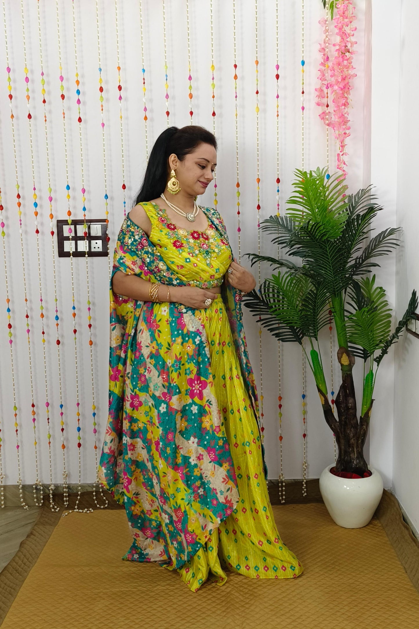 Crop Top Sharara With Shrug Printed Dress For Haldi Ceremony In Neon Yellow