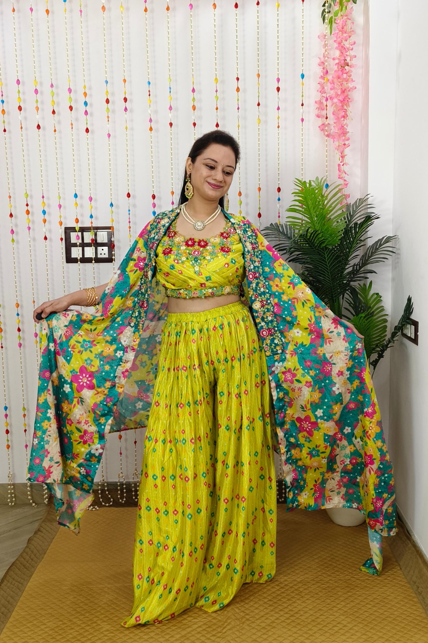 Crop Top Sharara With Shrug Printed Dress For Haldi Ceremony In Neon Yellow