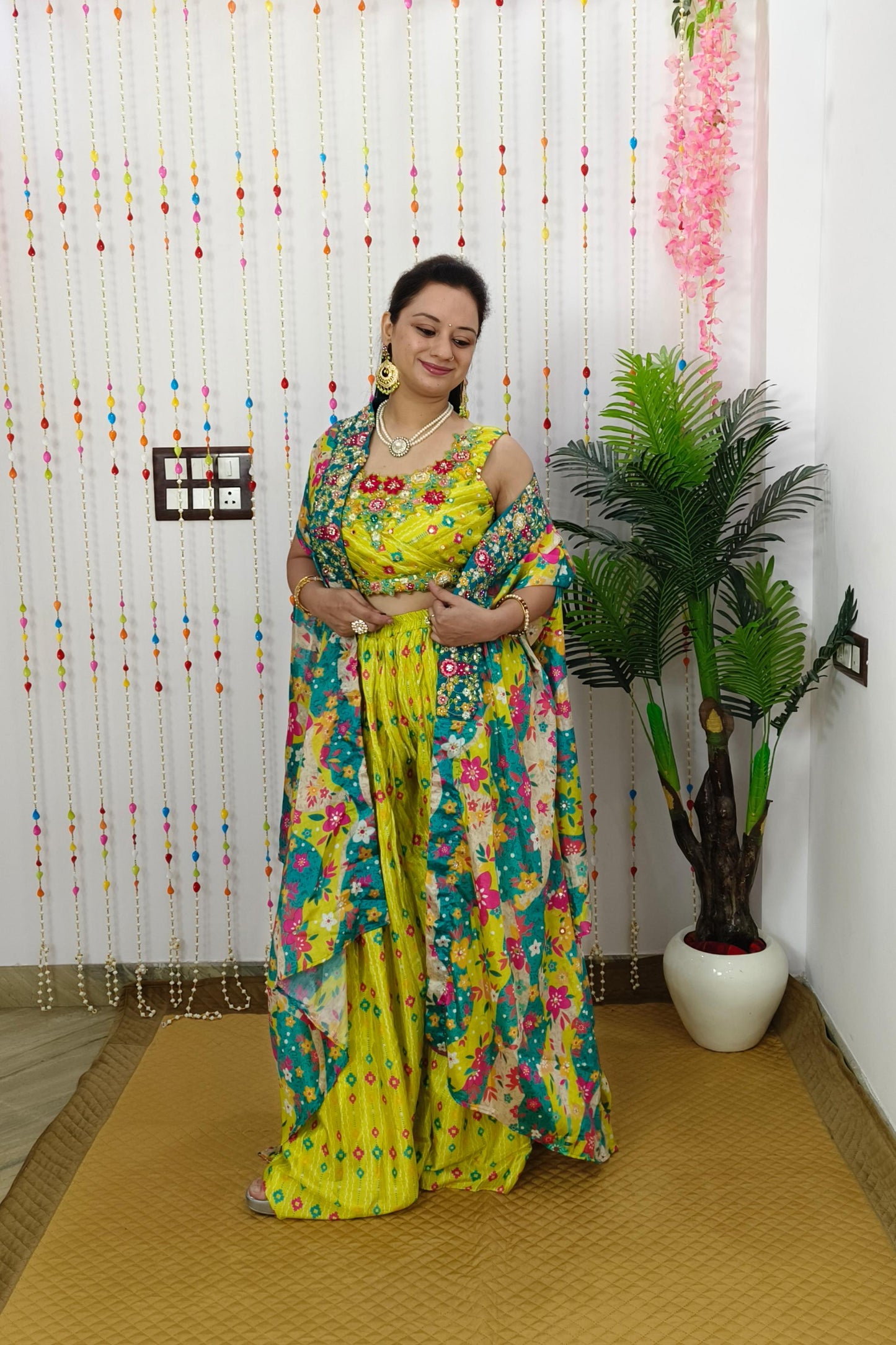 Crop Top Sharara With Shrug Printed Dress For Haldi Ceremony In Neon Yellow