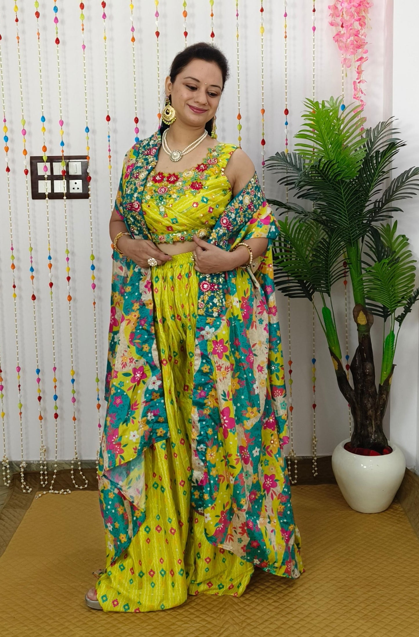 Crop Top Sharara With Shrug Printed Dress For Haldi Ceremony In Neon Yellow