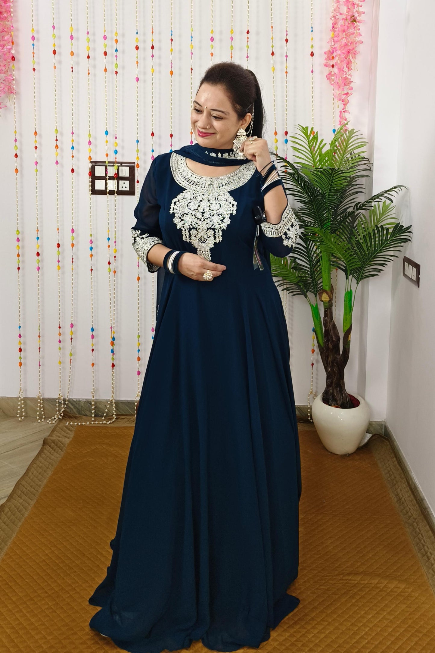 Anarkali Partywear Dress With Elegant Contrast embroidery With Heavy Duppatta