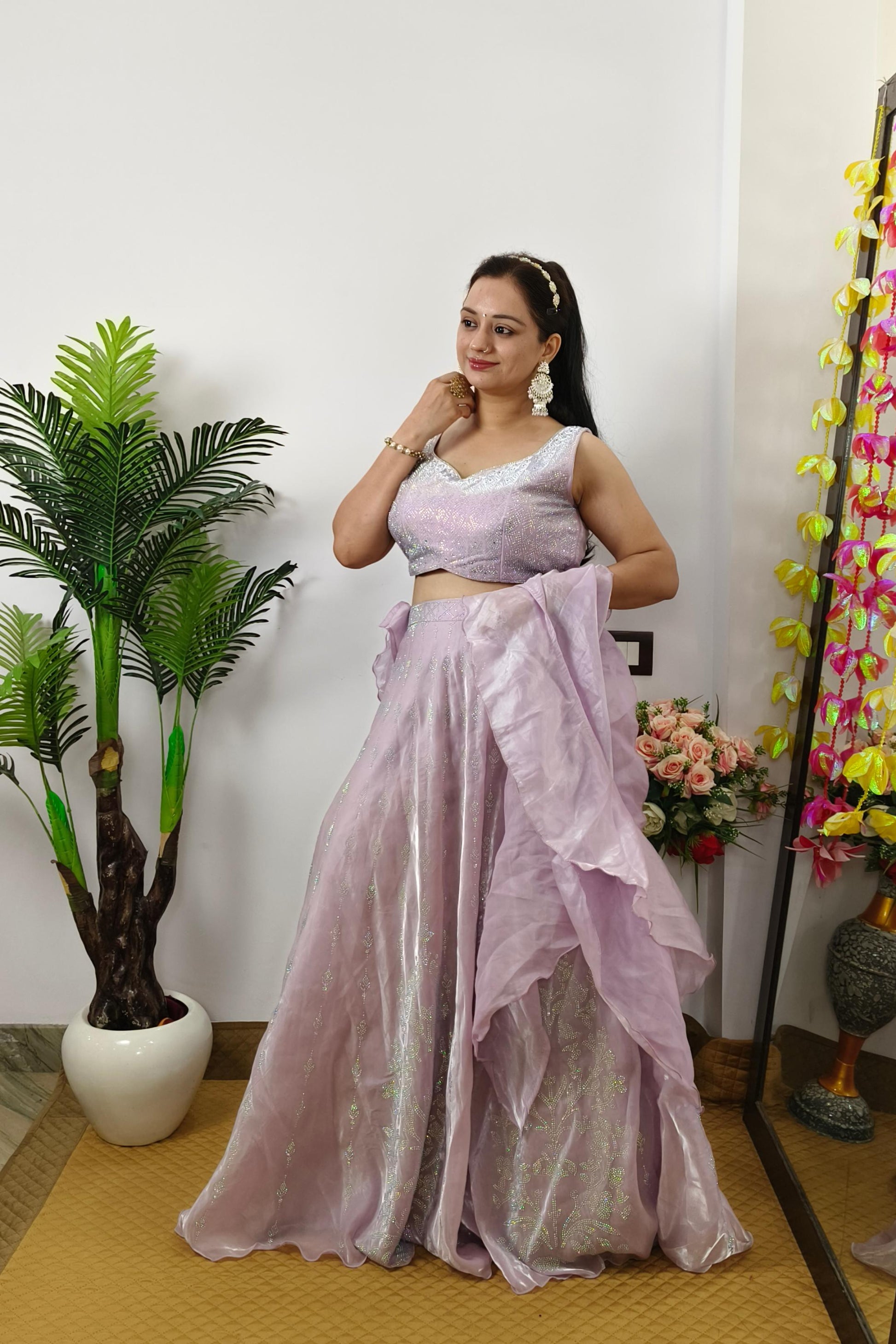 Swaroski Work Partywear Crop Top Skirt In Organza With Ruffles