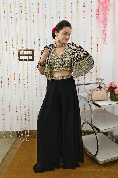 Partywear Crop Top Sharara Dress With Separate Cape Shrug In georgette