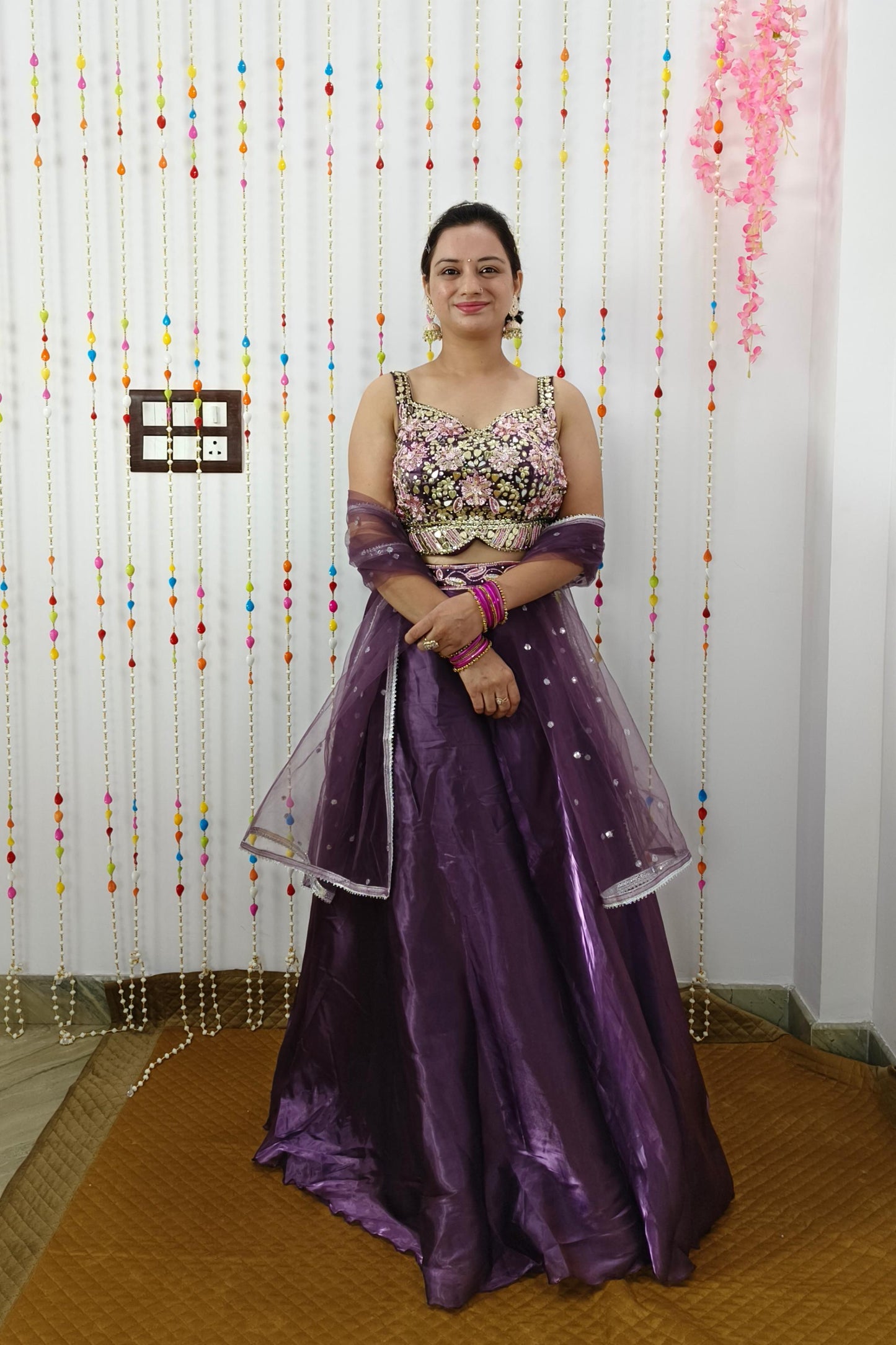 Spaghetti Style Crop Top Skirt With Beautiful Hand Work Blouse In Mauve