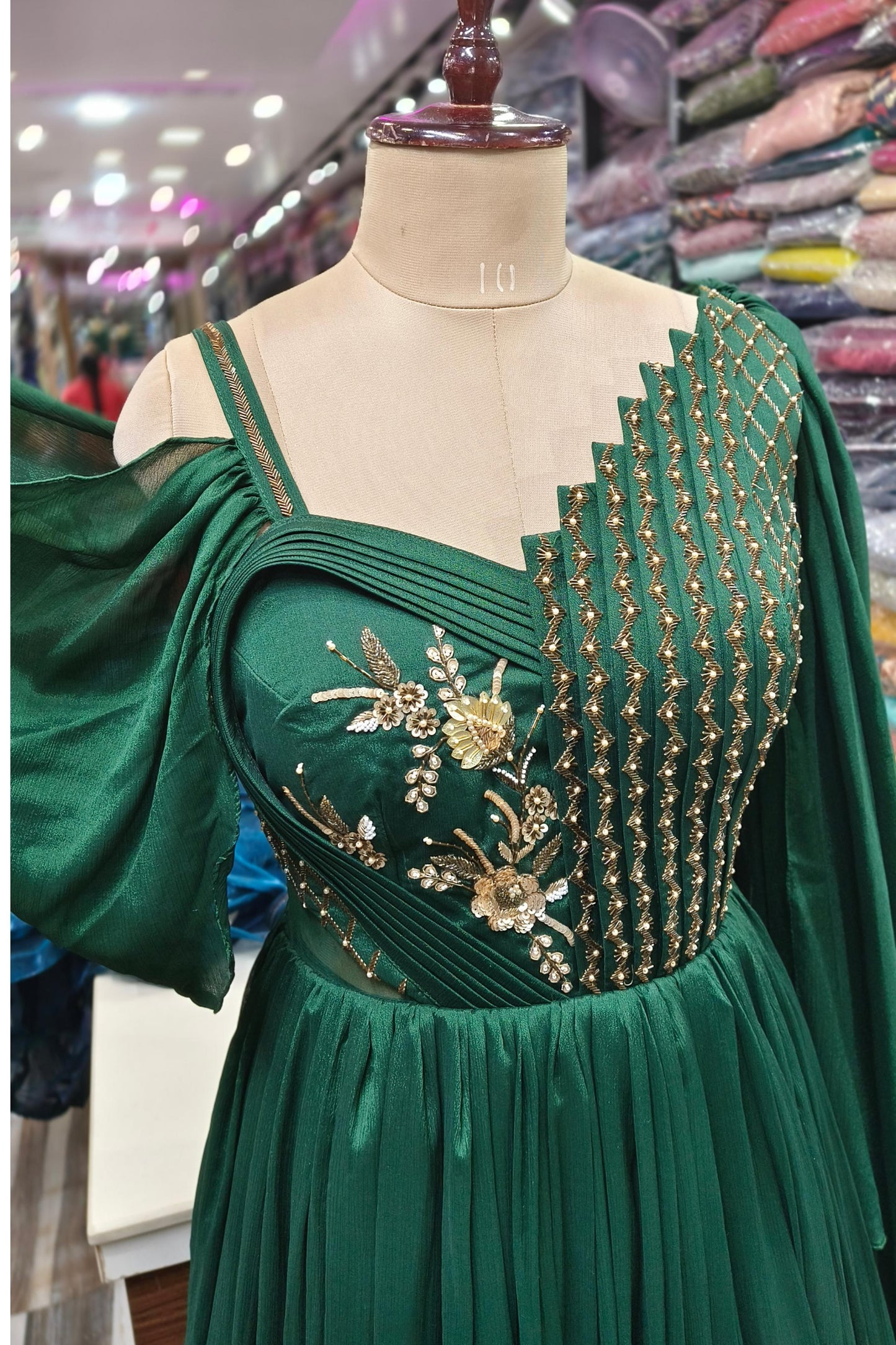 Chinnon Silk Partywear One Piece Indo Western Dress With Drape Style Back In Green