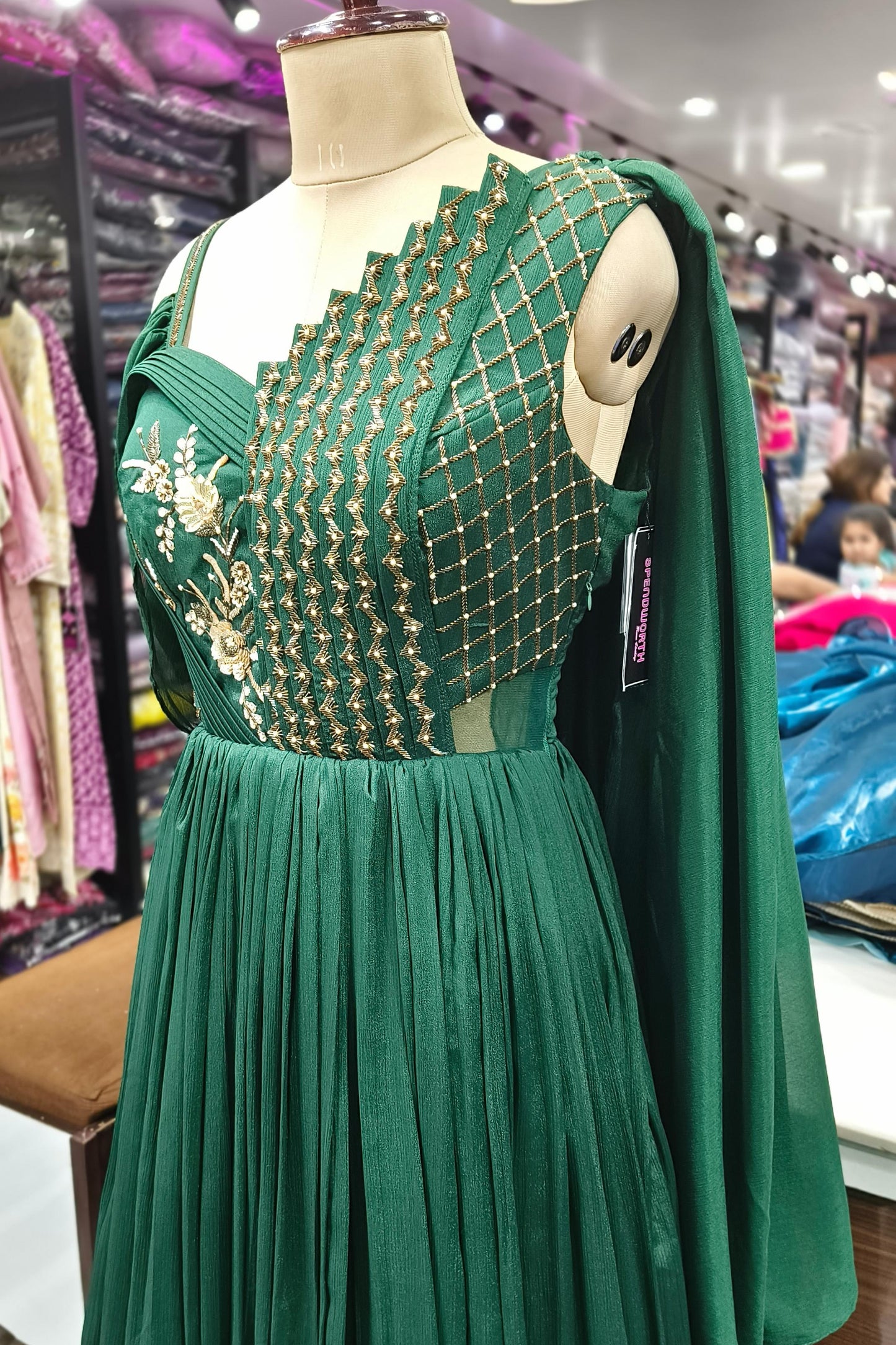 Chinnon Silk Partywear One Piece Indo Western Dress With Drape Style Back In Green