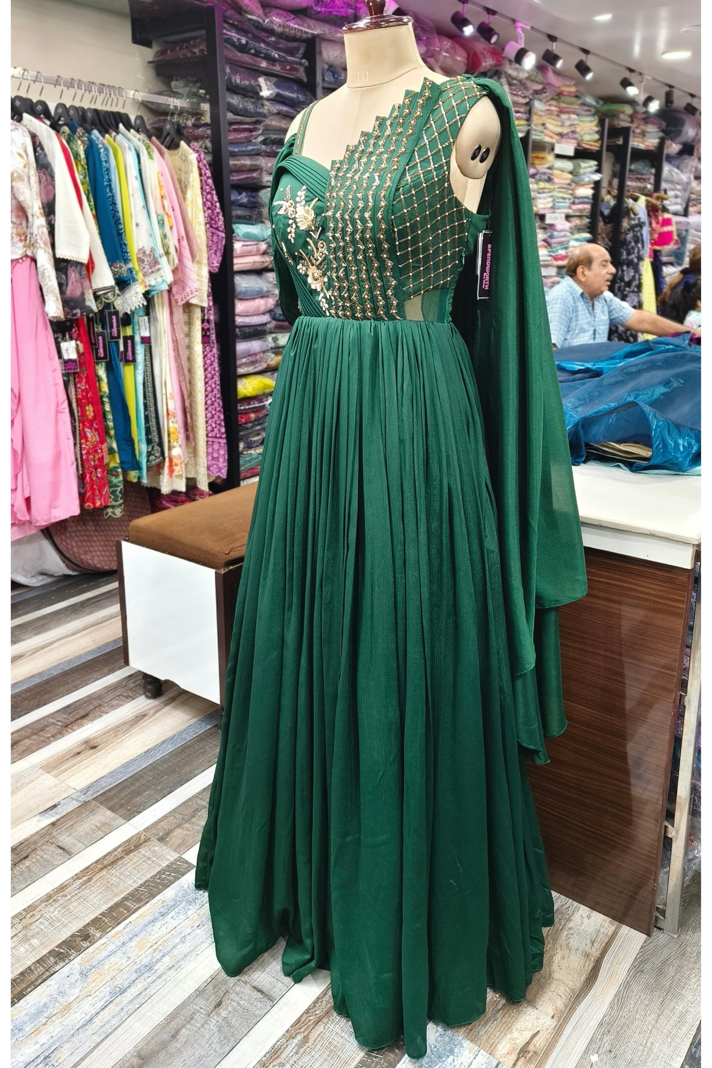 Chinnon Silk Partywear One Piece Indo Western Dress With Drape Style Back In Green