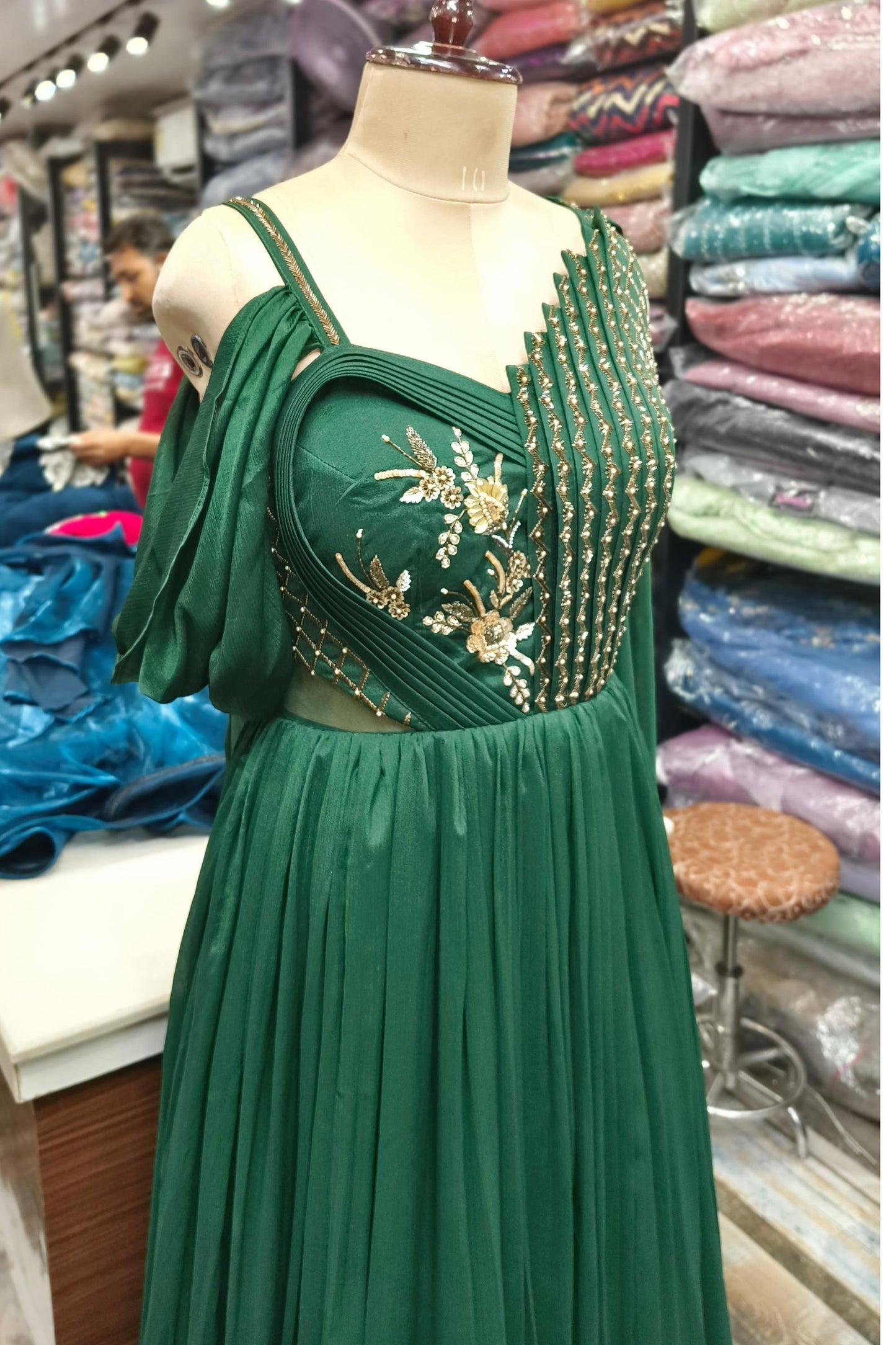 Chinnon Silk Partywear One Piece Indo Western Dress With Drape Style Back In Green