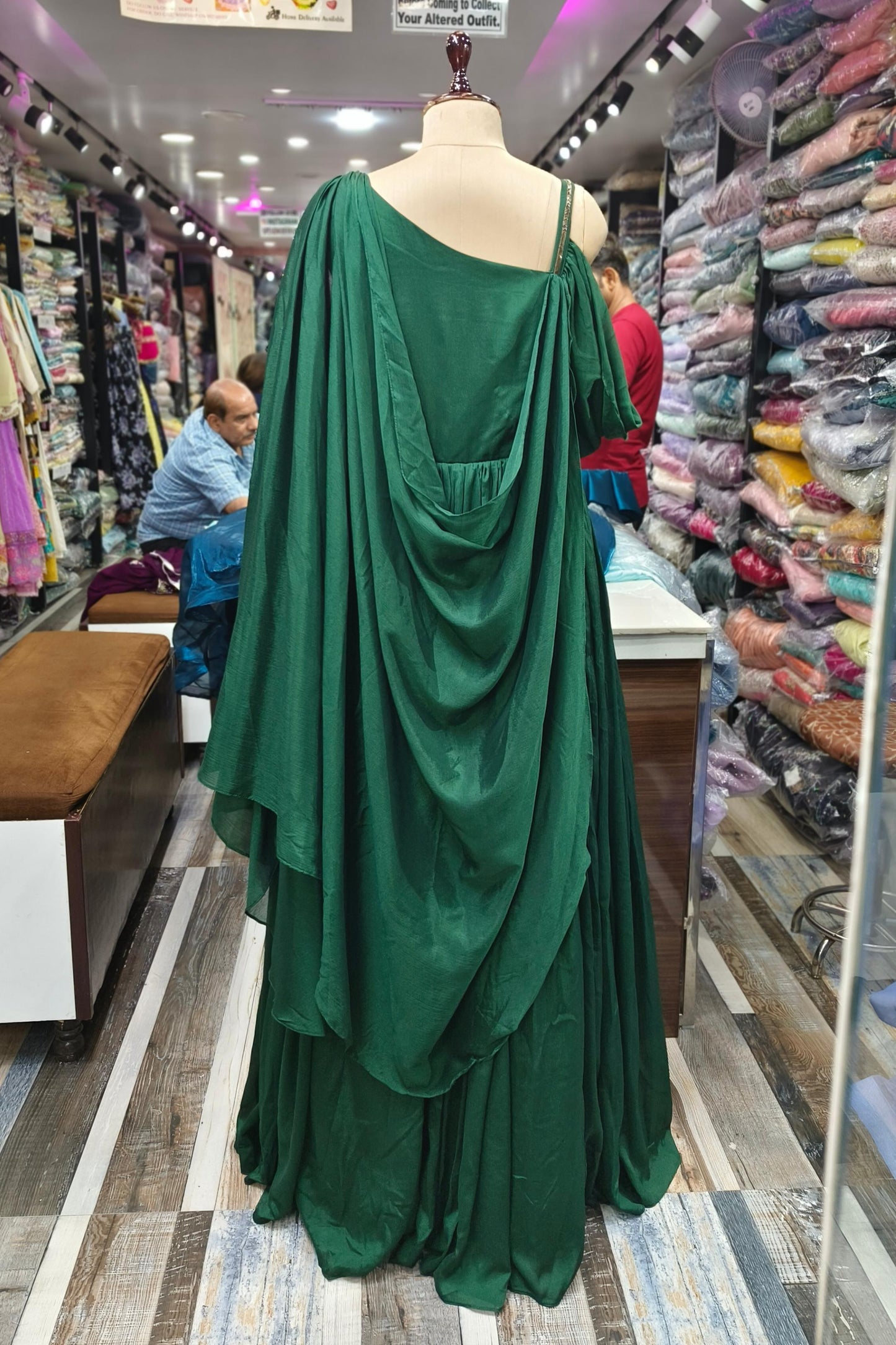 Chinnon Silk Partywear One Piece Indo Western Dress With Drape Style Back In Green