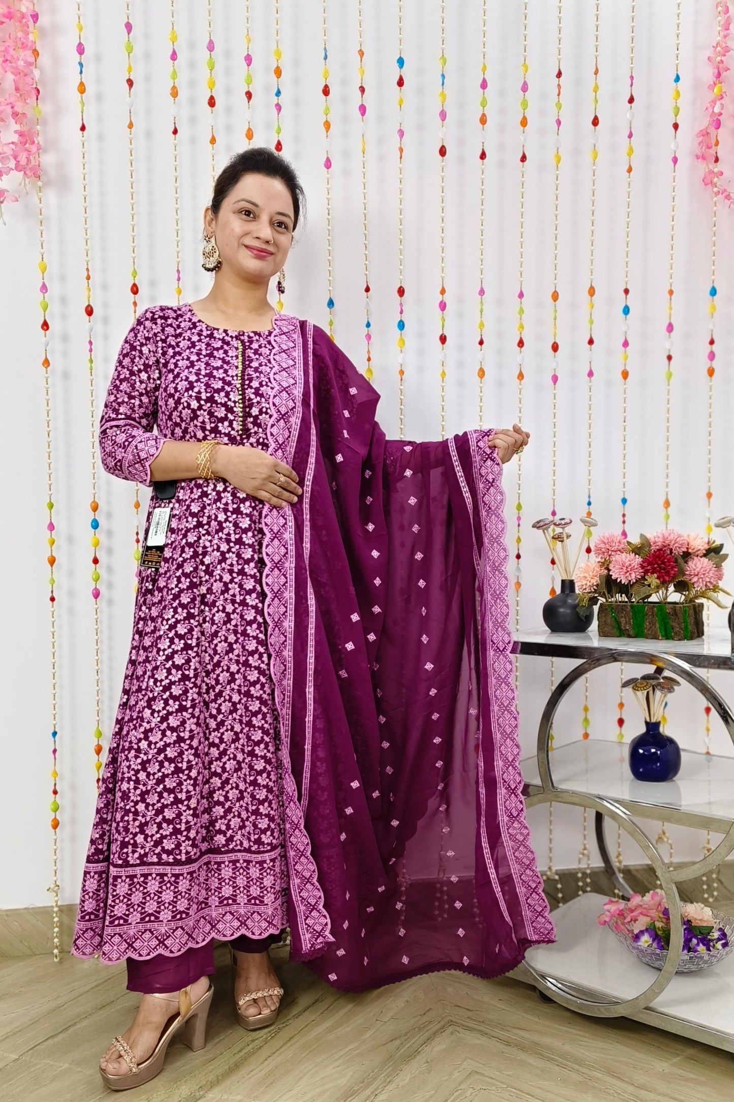 Full Flared Georgette  Anarkali  Suit Set WIth Heavy Embroidered Duppatta in Wine