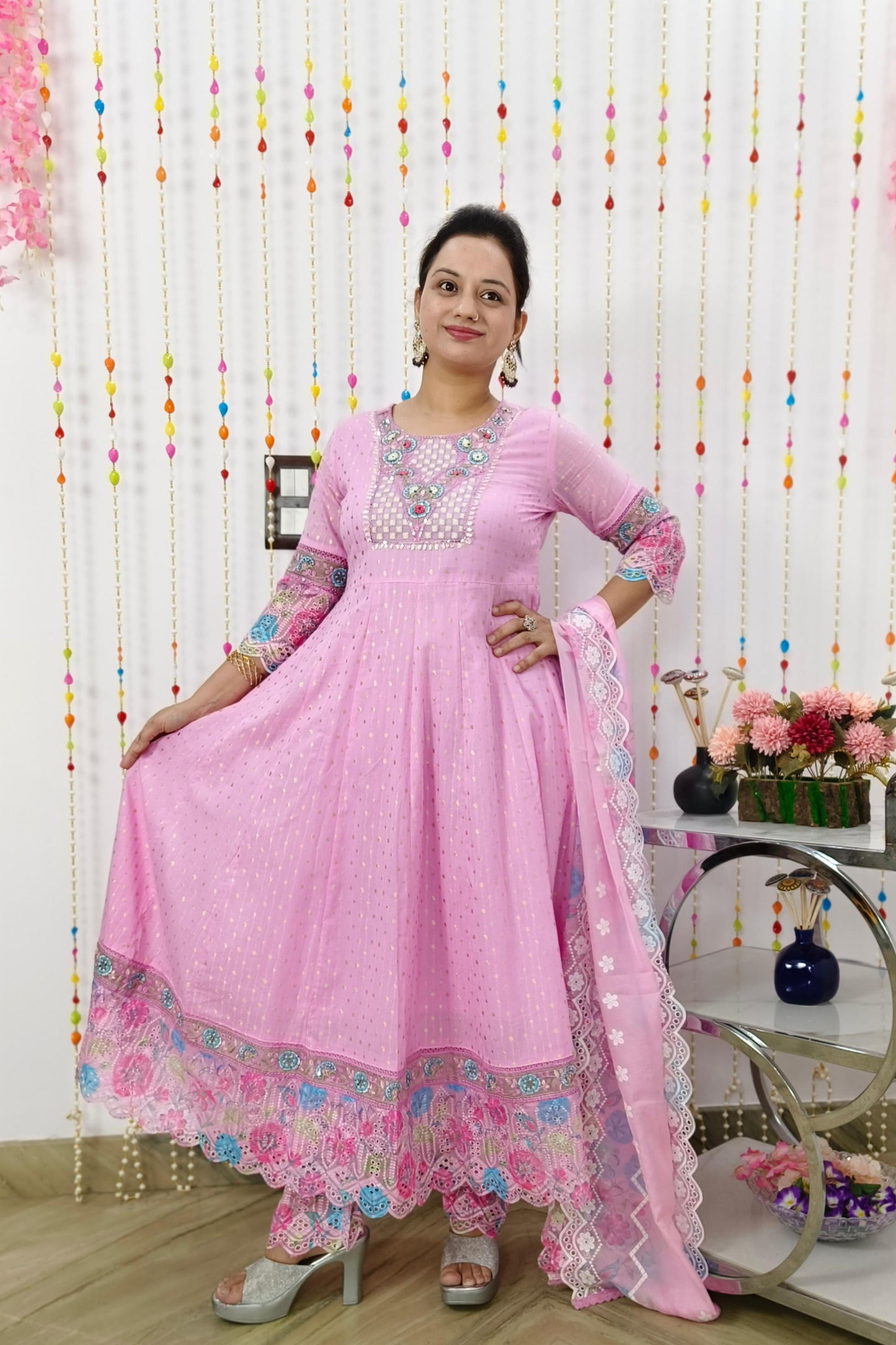 Full Flared Anarkali Embroidered Suit Set With Multi Work Scalping Organza Duppatta in Pink